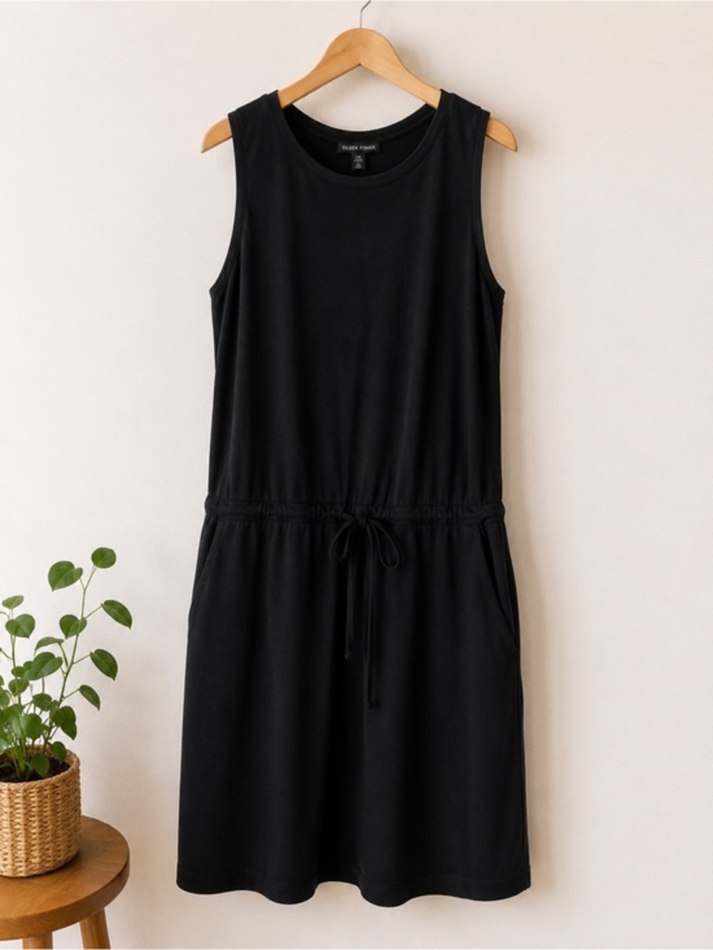 Eileen Fisher Black Drawstring Waist Knit Midi Dress Casual GUC L #1539